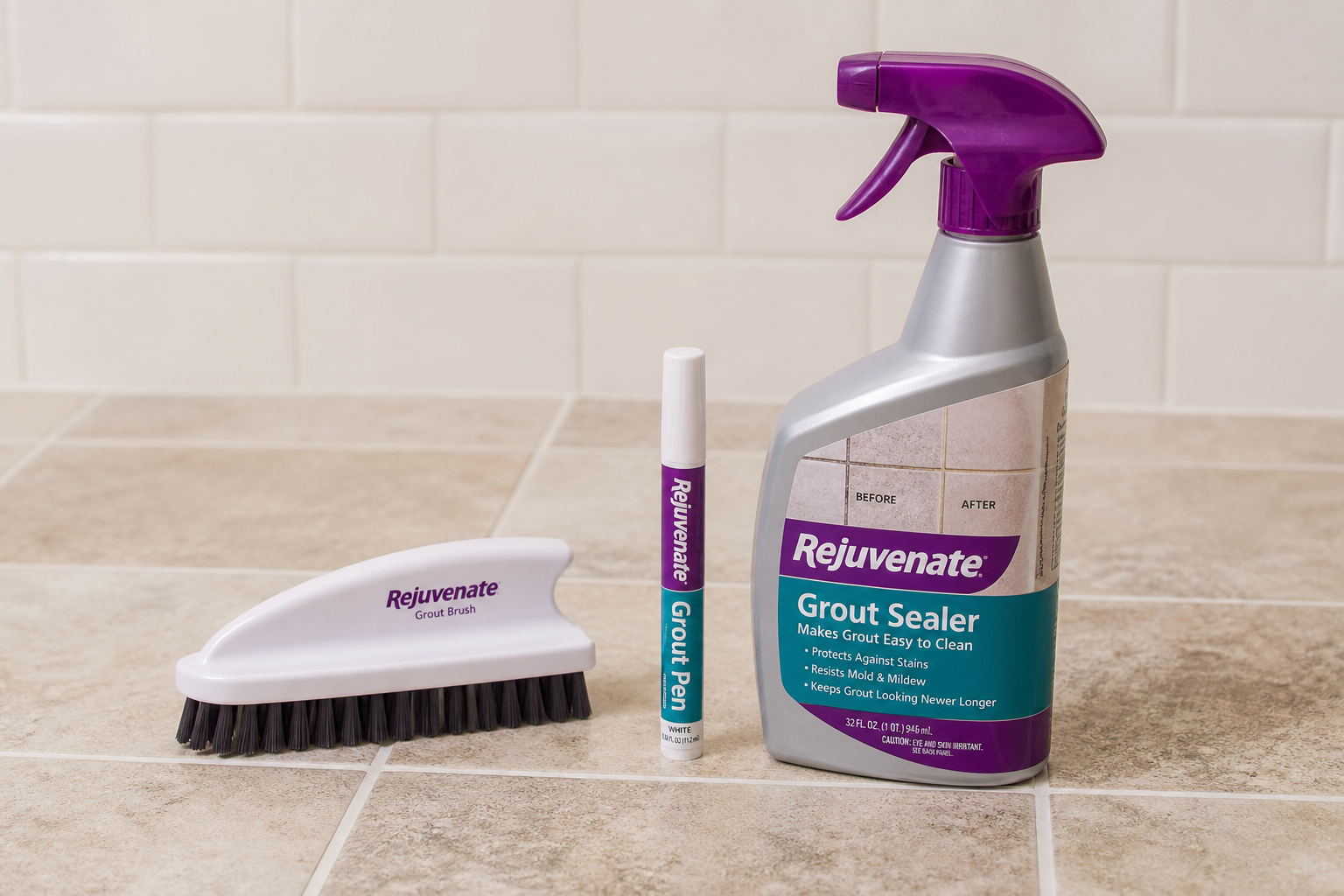 Grout treatment brush and cleaner for tile floors